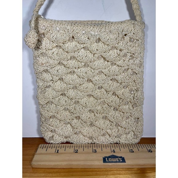 Retro Shoulder Bag Raffia Basket Design Handmade Summer Beach Purse Pearls - Picture 4 of 10
